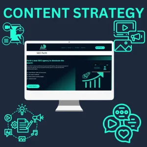 Picture with heading "Content Strategy" for SEO Perth by Mad Men Marketing. On the center image shows a computer screen displaying Mad Men Marketing's SEO Perth webpage with text highlighting their services: boosting website traffic, unlocking leads, and utilizing SEO strategies. around the screen various icons representing content creation , video creation, social media engagement, and digital marketing. The overall design uses dark blue background with teal accents.