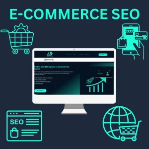 Picture with heading "E-COMMERCE SEO" for SEO Perth by Mad Men Marketing. On the center image shows a computer screen displaying Mad Men Marketing's SEO Perth webpage with text highlighting their services: boosting website traffic, unlocking leads, and utilizing SEO strategies. around the screen various icons ecommerce activities and improving ecommerce site with SEO services. The overall design uses dark blue background with teal accents.